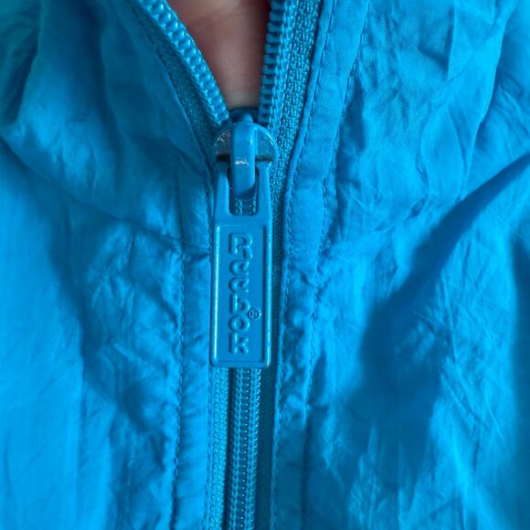 90s Vintage REEBOK | Turquoise Blue Windbreaker Jacket with Packable Hood Medium - Picture 4 of 6
